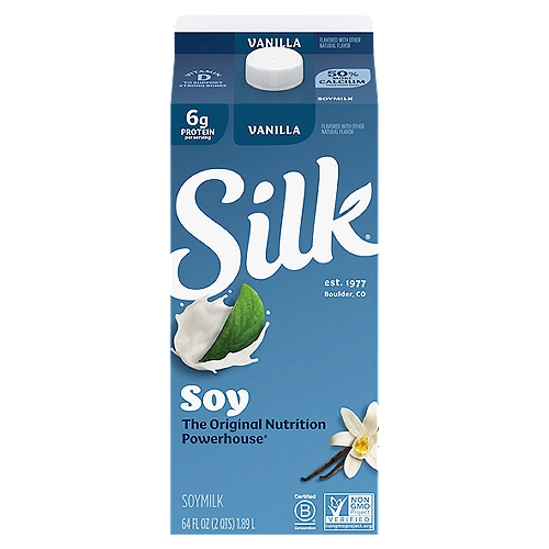 Silk Vanilla Soymilk, 64 fl oz
Treat yourself to the tasty goodness of Silk Vanilla Soymilk. Made with whole-harvested soybeans and a touch of vanilla, this Soymilk offers rich, creamy taste in every delectable drop and makes a perfect non-dairy alternative to milk. Experiment with a splash of vanilla Soymilk over your cereal, or simply enjoy it straight-up in a glass. Silk Vanilla Soymilk is totally free of dairy, lactose, carrageenan, gluten, casein, egg, peanut, and MSG. It's a powerhouse of nutritional goodness, too: each serving provides heart-healthy protein.* 
*In a diet low in saturated fat and cholesterol, 25 grams of soy protein per day may reduce the risk of heart disease. A serving of Silk Vanilla Soymilk has 6.25 grams.
Here at Silk, we believe in making delicious plant-based food that does right by you and fuels our passion for the planet. Every delicious product we offer is made with plants, they're naturally dairy-free, gluten-free, and cholesterol-free. And our entire lineup is enrolled in the Non-GMO Project Verification Program. Choose from an array of non-dairy products--from silky-smooth nutmilk to creamy, dreamy yogurt alternatives--and taste the goodness for yourself!