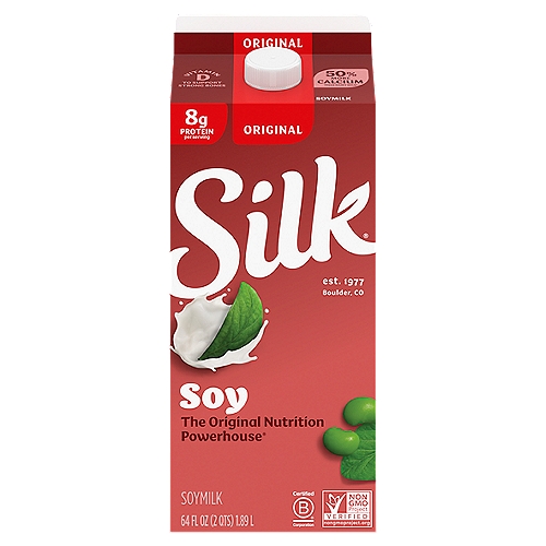Treat yourself to the tasty goodness of Silk Original Soymilk. Made with whole-harvested soybeans, this plain Soymilk offers rich, creamy taste in every delectable drop and makes a perfect non-dairy alternative to milk. Experiment with a splash of Soymilk over your cereal, or simply enjoy it straight-up in a glass. You can swap Silk for milk cup-for-cup in nearly any recipe--from creamy soups to tempting desserts. Silk Soymilk is totally free of dairy, lactose, carrageenan, gluten, casein, egg, peanut, and MSG. It's a powerhouse of nutritional goodness, too: each serving provides calcium and heart-healthy protein.* n*In a diet low in saturated fat and cholesterol, 25 grams of soy protein per day may reduce the risk of heart disease. A serving of Silk Original Soymilk has 8 grams.nHere at Silk, we believe in making delicious plant-based food that does right by you and fuels our passion for the planet. Every delicious product we offer is made with plants, they're naturally dairy-free, gluten-free, and cholesterol-free. And our entire lineup is enrolled in the Non-GMO Project Verification Program. Choose from an array of non-dairy products--from silky-smooth nutmilk to creamy, dreamy yogurt alternatives--and taste the goodness for yourself!
