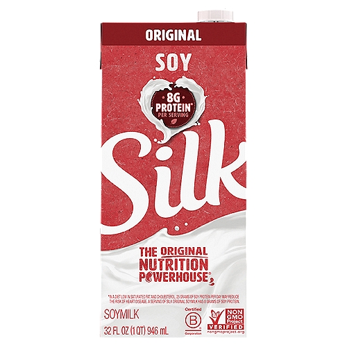 Bring the creamy goodness of Soymilk to your pantry with Silk Shelf-Stable Original Soymilk. Made with whole-harvested soybeans, this plain Soymilk offers great taste anywhere you typically enjoy dairy milk--over your cereal, in your coffee, or simply by itself. It makes a perfect non-dairy alternative to milk, and is totally free of dairy, lactose, carrageenan, gluten, casein, egg, peanut, and MSG. A powerhouse of nutritional goodness, Silk Soymilk contains 50% more calcium than dairy milk* and is a good source of heart-healthy soy protein.** And since it comes in special, shelf-stable packaging, this plain Soymilk will keep fresh at room temperature, unopened, until the date code: no refrigeration necessary! n*Silk Original Soymilk: 450mg of calcium per cup; reduced fat dairy milk: 293mg of calcium per cup. USDA National Nutrient Database for Standard Reference. Data consistent with typical reduced fat dairy milk. n**In a diet low in saturated fat and cholesterol, 25 grams of soy protein per day may reduce the risk of heart disease. A serving of Silk Original Soymilk has 6.25 grams.nHere at Silk, we believe in making delicious plant-based food that does right by you and fuels our passion for the planet. Every delicious product we offer is made with plants, they're naturally dairy-free, gluten-free, and cholesterol-free. And our entire lineup is enrolled in the Non-GMO Project Verification Program. Choose from an array of non-dairy products--from silky-smooth nutmilk to creamy, dreamy yogurt alternatives--and taste the goodness for yourself!