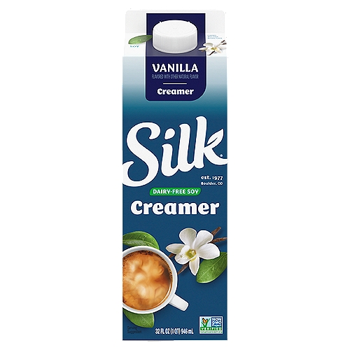 Silk Vanilla Dairy-Free Soy Creamer, 32 fl oz
Take your morning joe up a notch. Silk Soy Vanilla Creamer takes coffee and tea to new, deliciously creamy heights. Filled with sweet vanilla taste, this creamer adds a splash of smooth, rich flavor to your favorite morning drink. You can enjoy the vanilla soy creamer each morning, knowing it is gluten-free, Non-GMO Project Verified, and free of artificial colors or flavors.
Here at Silk, we believe in making delicious plant-based food that does right by you and fuels our passion for the planet. Every delicious product we offer is made with plants, they're naturally dairy-free, gluten-free, and cholesterol-free. And our entire lineup is enrolled in the Non-GMO Project Verification Program. Choose from an array of non-dairy products--from silky-smooth nutmilk to creamy, dreamy yogurt alternatives--and taste the goodness for yourself!