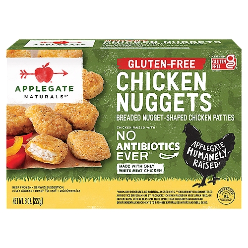 APPLEGATE Naturals Gluten-Free Chicken Nuggets, 8 oz
Breaded Nugget-Shaped Chicken Patties

Naturals®*
*Minimally Processed. No Artificial Ingredients.

Chicken Raised with No Antibiotics Ever**
**Chicken Never Administered Antibiotics or Animal By-Products.