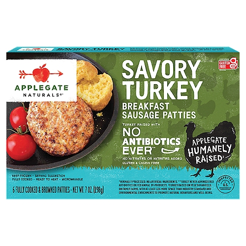 Applegate Naturals Savory Turkey Breakfast Sausage Patties, 6 count, 7 oz
Naturals®*
*Minimally Processed, No Artificial Ingredients.

Turkey Raised with No Antibiotics Ever**
**Turkey Never Administered Antibiotics or Animal by-Products.