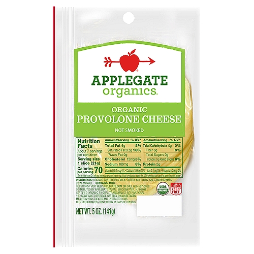 APPLEGATE Organics Provolone Cheese, 5 oz
Creamy, smooth and extremely versatile, Applegate's Organic Provolone Cheese a great addition to any sandwich - hot or cold! We source from family farms, where animals are raised with care and respect. We believe this leads to great tasting products and peace of mind-- all part of our mission. Changing The Meat We Eat. USDA Organic. Certified Organic by Quality Assurance International. Not smoked. Farmer Certified rBGH free (No significant difference has been shown between milk from rBGH-treated and untreated cows). Gluten Free. Sugar Free. Casein Free. 