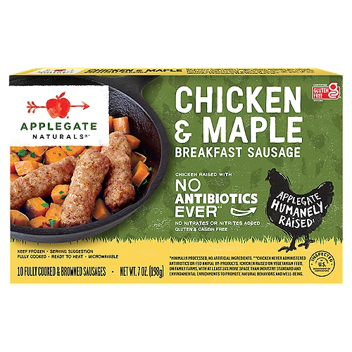 Applegate Naturals Chicken & Maple Breakfast Sausage, 10 count, 7 oz
Naturals®*
*Minimally Processed, No Artificial Ingredients.

Chicken Raised with No Antibiotics Ever**
**Chicken Never Administered Antibiotics or Fed Animal By-Products.