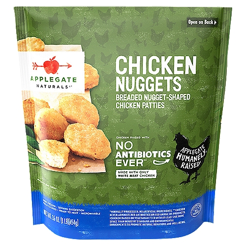 Applegate Naturals Breaded Chicken Nuggets, 16 oz
Go ahead, enjoy these microwave chicken nuggets. Applegate Natural Chicken Nuggets are crisp, delicious and perfectly dip-able. Fully cooked and ready to heat right away. Breaded nugget - shaped chicken patties. Made with only white meat chicken. Casein free. Chicken raised with no antibiotics ever (Chicken never administered antibiotics or animal by-product). Applegate humanely raised (Chicken raised on vegetarian feed. On family farms, with at least 24% more space than industry standard and environmental enrichments to promote natural behaviors and well-being). We source from family farms, where animals are raised with care and respect (Chicken raised on vegetarian feed. On family farms, with at least 24% more space than industry standard and environmental enrichments to promote natural behaviors and well-being). We believe this leads to great tasting products and peace of mind all part of our mission. Changing the meat we eat. We're anti antibiotics. Inspected in wholesome for US Department of Agriculture. Fully cooked. Ready to heat. Microwavable. Keep frozen. Resealable bag.