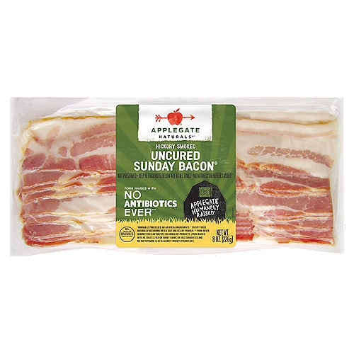 No nitrites added - uncured. Not preserved. Good old-fashioned hardwood smoked bacon. Enjoy it on Sunday or any other day for that matter.                                                                                                                                                                                                  • Applegate, Natural Uncured Sunday Bacon, 8oz  • No Antibiotics or Added Hormones  • No Chemical Nitrites or Nitrates  • No Artificial or GMO Ingredients  • Humanely Raised  • Gluten Free  • Dairy Free  • Casein Free