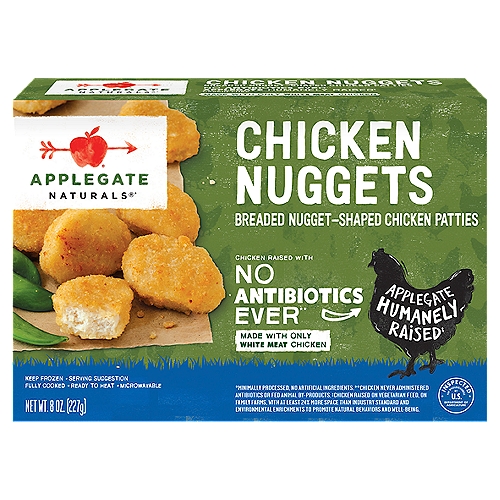 They’re crisp, delicious and perfectly dip-able.   • Applegate, Natural Chicken Nuggets, 8oz (Frozen)  • No Antibiotics or Added Hormones  • No Chemical Nitrites or Nitrates  • No Artificial or GMO Ingredients  • Humanely Raised  • Dairy Free  • Casein Free