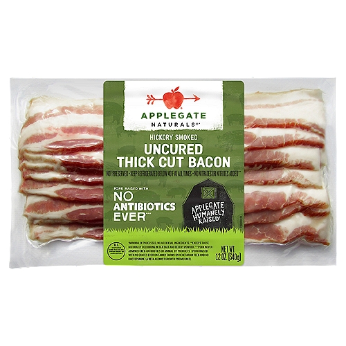 Hardwood smoked and sliced thick, fulfilling all your bacon needs.  • Applegate, Natural Uncured Thick Cut Bacon, 12oz   • No Antibiotics or Added Hormones  • No Chemical Nitrites or Nitrates  • No Artificial or GMO Ingredients  • Humanely Raised  • Gluten Free  • Dairy Free  • Casein Free