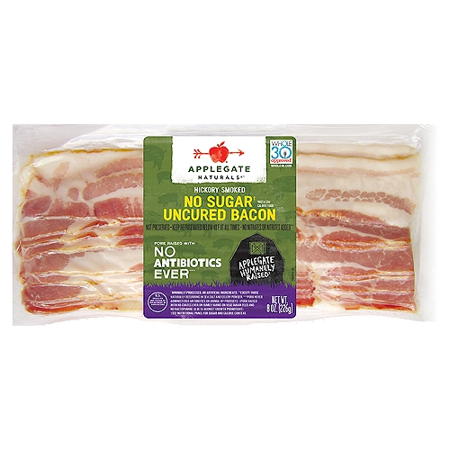 Welcome to the sweet life – sugar free. Good old-fashioned hardwood smoked bacon without any sugar.                                                                                                                                                                         • Applegate, Natural No Sugar Uncured Bacon, 8oz  • No Antibiotics or Added Hormones  • No Chemical Nitrites or Nitrates  • No Artificial or GMO Ingredients  • Humanely Raised  • Whole30 Approved  • Gluten Free  • Sugar Free  • Dairy Free  • Casein Free