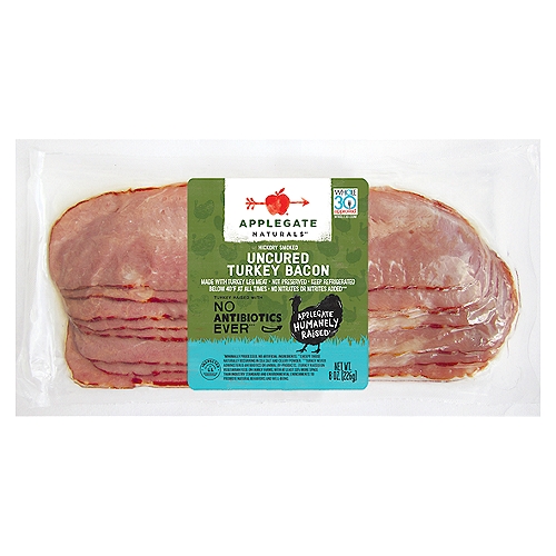 No nitrates or nitrites. Meaty, smoky, delicious – It won’t be hard giving up pork, cold turkey.                                                                                                                                                  • Applegate, Natural Uncured Turkey Bacon, 8oz  • No Antibiotics or Added Hormones  • No Chemical Nitrites or Nitrates  • Non-GMO Project Verified  • Humanely Raised  • Whole30 Approved  • Gluten Free  • Dairy Free  • Casein Free