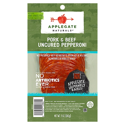 Applegate Naturals Pork & Beef Uncured Pepperoni, 5 oz
Naturals®*
*Minimally Processed. No Artificial Ingredients.

No Nitrates or Nitrites Added**
**Except those Naturally Occurring in Sea Salt & Cultured Celery Powder.

Pork & Beef Raised with No Antibiotics Ever***
***Pork and Beef Never Administered Antibiotics or Fed Animal By-Products. Beef Never Administered Added Hormones.

Applegate Humanely Raised‡
‡Pork Raised with No Crates Ever on Family Farms on Vegetarian Feed and No Ractopamine (a Beta-Agonist Growth Promotant). Beef Raised on Pasture and 100% Grass-Fed with No Confinement or Grain-Finishing.
