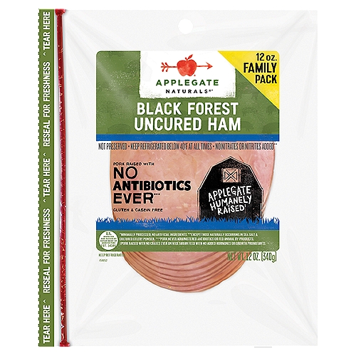 APPLEGATE Naturals Black Forest Uncured Ham Family Pack, 12 oz
Hearty smoking brings a classic German tradition to your sandwich in Applegate Natural Uncured Black Forest Ham. Sliced and slow smoked to perfection, this ham is ready for your sandwich. It's fully cooked deli ham sandwich meat and ready to eat. It's the perfect lunch meat or cold cut. Gluten & casein free. No nitrates or nitrites added (Except those naturally occurring in sea salt & cultured celery powder). Pork raised with no antibiotics ever (Pork never administered antibiotics or fed animal by-products). Applegate humanely raised (Pork raised with no crates ever on family farms on vegetarian feed and no ractopamine (A beta-agonist growth promotant). Naturals (Minimally processed. No artificial ingredients). No nitrates or nitrites added (Except those naturally occurring in sea salt & cultured celery powder). Pork raised with no antibiotics ever (Pork never administered antibiotics or fed animal by-products). Applegate humanely raised (Pork raised with no crates ever on family farms on vegetarian feed and no ractopamine (A beta-agonist growth promotant). We source from family farms, where animals are raised with care and respect (Pork raised with no crates ever on family farms on vegetarian feed and no ractopamine (a beta-agonist growth promotant). Fully cooked. U.S. inspected and passed by Department of Agriculture. Reseal for freshness. 