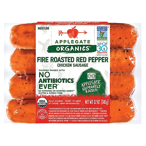 APPLEGATE Organics Medium Fire Roasted Red Pepper Chicken Sausage, 4 count, 12 oz
Hardwood Smoked Chicken Meets Fire Roasted Red Pepper & a Hint of Jalapeño

Chicken Raised with No Antibiotics Ever**
**Chicken Never Administered Antibiotics or Animal By-Products.

No Nitrates or Nitrites Added***
***Except those Naturally Occurring in Sea Salt.