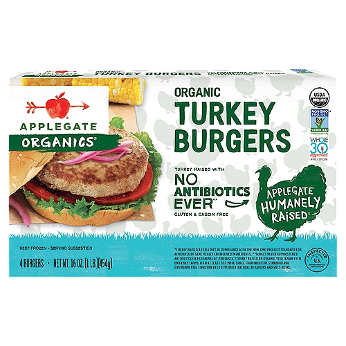 Applegate Organics Organic Turkey Burgers, 4 count, 16 oz
Cheat on beef. It's Turkey Burger time. Applegate Organics Turkey Burgers are organic turkey patties ready to be seasoned by you and tossed on the grill. USDA Organic. Gluten & casein free. Turkey raised exclusively on certified organic feed. Certified Organic by Quality Assurance International. Non-GMO Project verified (Turkey raised & fed a diet in compliance with the non-GMO project standard for avoidance of genetically engineered ingredients). nongmoproject.org. Turkey raised with no antibiotics ever (Turkey never administered antibiotics or animal by-products). Applegate humanely raised (Turkey raised on organic vegetarian feed, on family farms, with at least 33% more space than industry standard and environmental enrichments to promote natural behaviors and well-being). We source from family farms, where animals are raised with care and respect (Turkey raised on organic vegetarian feed. On family farms. With at least 33% more space than industry standard and environmental enrichments to promote natural behaviors and well-being). We believe this leads to great tasting products and peace of mind - all part of our mission. Changing the meat we eat. We're anti - antibiotics. Inspected for wholesomeness by U.S. Department of Agriculture.