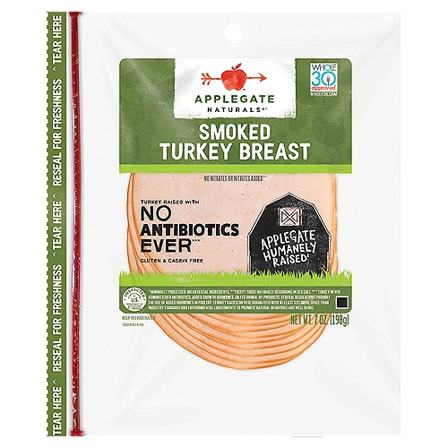 APPLEGATE Naturals Smoked Turkey Breast, 7 oz
Rich and smoky, Applegate Natural Smoked Turkey Breast is a rustic take on your traditional deli sliced turkey. It's fully cooked deli turkey sandwich meat and ready to eat. It's the perfect lunch meat or cold cut, so it's the turkey your sandwich craves. Gluten & casein free. Whole 30 approved. Whole30.com. Naturals (minimally processed, no artificial ingredients). No nitrates or nitrites added (Except those naturally occurring in sea salt). Turkey raised with no antibiotics ever (Turkey never administered antibiotics or fed animal by-products). Applegate humanely raised (Turkey raised on organic vegetarian feed, on family farms, with at least 33% more space than industry standard and environmental enrichments to promote natural behaviors and well-being). We source from family farms, where animals are raised with care and respect (Turkey raised on organic vegetarian feed, on family farms, with at least 33% more space than industry standard and environmental enrichments to promote natural behaviors and well-being). We Believe this leads to great tasting products and peace of mind - all part of our mission. Changing the meat we eat. Fully cooked. Inspected for wholesomeness by U.S. Department of Agriculture. applegate.com Questions? Visit applegate.com or text/call 908-725-5800. Reseal for freshness.