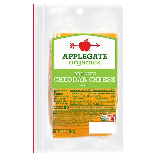 Applegate Organic Mild Cheddar Cheese Slices, 5oz
Farmer Certified rBGH† Free
†No Significant Difference Has Been Shown Between Milk from rBGH-Treated and Untreated Cows.
