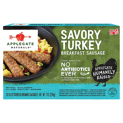Applegate Naturals Savory Turkey Breakfast Sausage, 10 count, 7 oz
Naturals®*
*Minimally Processed, No Artificial Ingredients.

Turkey Raised with No Antibiotics Ever**
**Turkey Never Administered Antibiotics or Fed Animal By-Products.