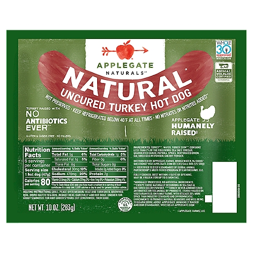 Applegate Naturals Natural Uncured Turkey Hot Dog, 10 oz, 6 count
Naturals®*
*Minimally Processed, No Artificial Ingredients.

No Nitrates or Nitrites Added**
**Except Those Naturally Occurring in Sea Salt & Celery

Turkey Raised with No Antibiotics Ever***
***Turkey Never Administered Antibiotics or Animal By-Products.

Applegate Humanely Raised‡
‡Turkey Raised on Vegetarian Feed, on Family Farms, with At Least 33% More Space than Industry Standard and Environmental Enrichments to Promote Natural Behaviors and Well-Being.