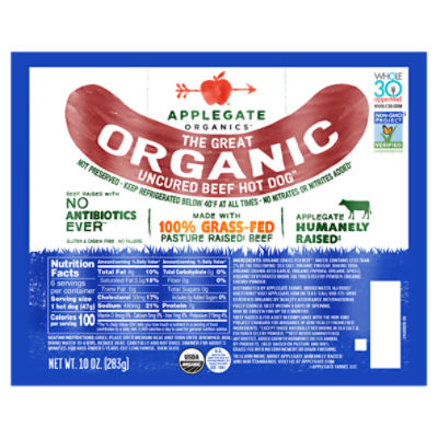 Applegate Organics The Great Organic Uncured Beef Hot Dog, 6 count, 10 oz