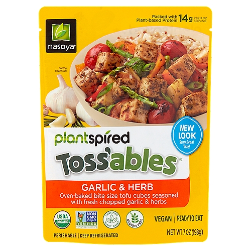 Nasoya Plantspired Toss'ables Garlic & Herb Seasoned Baked Tofu Cubes, 7 oz
Inspired by Plants.
Delicious & Effortless!
Plant-based lifestyle is easy when you've got Toss'ables on the menu. Packed with plant-based protein, pre-marinated in mouthwatering flavors, and pre-cubed for maximum convenience, Toss'ables take the work out of eating right, so you can skip the mess and dig right in.
Toss'ables Garlic & Herb are hearty and tasty enough to substitute for meat in all your favorite dishes. Try them in pasta, rice bowls... even veggie burritos.