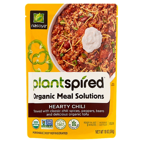 Plantspired Hearty Chili Organic Meal Solutions, 10 oz
Stewed with Classic Chili Spices, Peppers, Beans and Delicious Organic Tofu

Be inspired. Be Plantspired.
Pressed for time? Plantspired Organic Meal Solutions simplifies your daily meal routine by crafting delicious recipes with organic plant-based ingredients, delivered in a convenient microwave-friendly pouch. Heat and serve or pair it with your favorite sides for the ultimate stress-free meal.