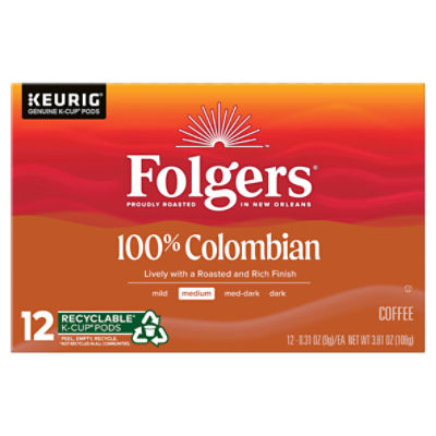Folgers 100% Colombian Medium Coffee K-Cup Pods, 0.31 oz, 12 count