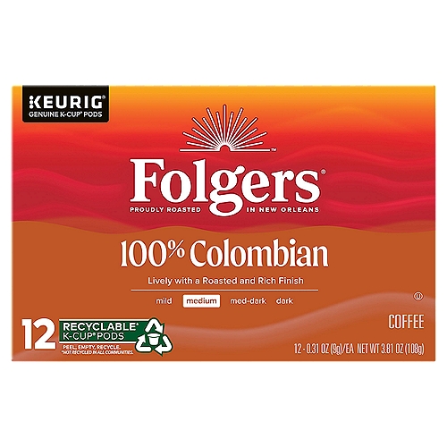Folgers 100% Colombian Medium Coffee K-Cup Pods, 0.31 oz, 12 count
100% Arabica Coffee

Enjoy a Cup of Quality Crafted Coffee
Spend more time enjoying your favorite cup of Folgers® coffee with our Keurig® K-Cup® pods. Lively, rich flavor and our iconic aroma, conveniently brewed with the touch of a button. It's exceptional craft made easy, any time of day.