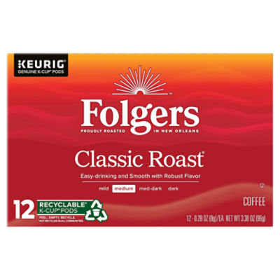 Folgers Classic Roast Medium Coffee K-Cup Pods, 0.28 oz, 12 count, 3.38 Ounce