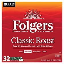 Folgers K-Cup Pods, Classic Roast Medium Coffee, 32 Each