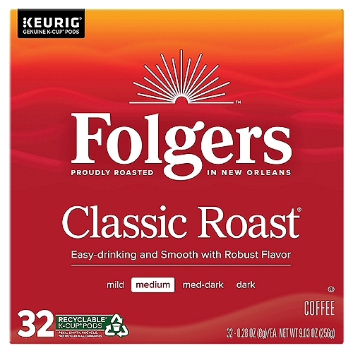 Folgers Classic Roast Medium Coffee K-Cup Pods, 0.28 oz, 32 count