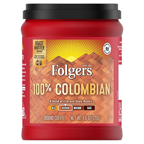 Folgers 100% Colombian Medium Ground Coffee, 9.6 oz
Roast Master series®
Great for French Press & Cold Brew

A select line of exceptional coffee blends carefully crafted by our experienced Roast Masters. Folgers 100% Colombian delivers rich and lively flavor that's crafted with care. Discover the delightful difference of Folgers in every cup.