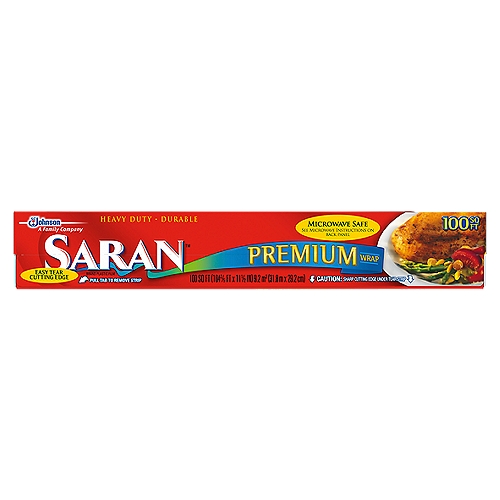 Saran Premium Wrap 100 sq ft
Saran Wrap Prm 100Sf/12 Us.

• Freshness that is easy!
• Extra tough yet easy to handle
• Its heavy duty protection keeps your food at its very best
• Microwave-safe
• Chlorine-free

It's Not Just Any Wrap. It's Saran™ Wrap!
• Thick wrap for easy handling
• Stretches to seal

Saran™ Cling Plus®
• Excellent cling
• Great value

As a result of SC Johnson's initiative to look for more sustainable and environmentally acceptable plastic, the film in Saran™ Premium Wrap does not contain chlorine.