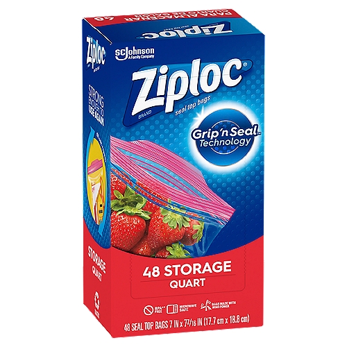Ziploc® Storage Bag Quart, 48 CT
Unloc the convenient life with Ziploc® Brand Storage Bags. Featuring Grip ‘n Seal technology that includes easy-open tabs and non-slip textured grips, these BPA-free plastic storage bags are easy to open, hold and seal. They're ideal for storing leftovers or pre-prepared ingredients for a healthy meal without making a mess of the bag, your hands or the kitchen!

The easy-to-use, durable nature of these quart-size Ziploc® bags means they're ideal for use in packed lunches, picnics or to store food and non-food items around the house. 

• Perfect for storing fresh food items like fruits, vegetables, meat, fish or cheese in the fridge or freezer
• Triple seal system with extended tab, easy-grip texture and double zipper makes these Ziploc® bags easy to use
• Each pack contains 48 reusable Ziploc® bags made of durable and long-lasting BPA-free plastic
• Pop-resistant seal on these plastic storage bags helps lock in the flavor of food items

BPA** Free
**BPA is not used to make polyethylene