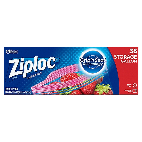 Ziploc® Storage Bags Gallon, 38 CT
Unloc the convenient life with Ziploc® Brand Storage Bags. Featuring Grip ‘n Seal technology that includes easy-open tabs and non-slip textured grips, these BPA-free plastic storage bags are easy to open, hold and seal. They're ideal for storing leftovers or pre-prepared ingredients for a healthy meal without making a mess of the bag, your hands or the kitchen!

The easy-to-use, durable nature of these gallon-size Ziploc® bags means they're ideal for use in packed lunches, picnics or to store food and non-food items around the house. They're a great way for you to pack up favorite snacks, favorite games and even favorite family traditions and keep them safe.

• Perfect for storing fresh food items like fruits, vegetables, meat, fish or cheese in the fridge or freezer
• Triple seal system with extended tab, easy-grip texture and double zipper makes these Ziploc® bags easy to use
• Each pack contains 38 reusable Ziploc® bags made of durable and long-lasting BPA-free plastic

BPA** Free
**BPA is not used to make polyethylene