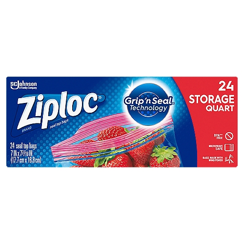 Ziploc Brand Storage Quart Bags with Grip 'n Seal Technology, 24 Count
Ziploc® brand Storage Bags provide unbeatable freshness with new Grip ‘n Seal technology. Our triple system seal features an extended tab, new, easy grip texture and a double zipper. The extended tab and new, easy grip seal make it easier to open and close the bag, while the airtight double zipper ensures that each plastic storage bag blocks out air, which means less wasted food and more money saved.

• Get unbeatable freshness with new Grip ‘n Seal technology
• Our triple system seal features an extended tab, new, easy grip texture and a double zipper
• Ziploc® brand Storage Bags are perfect for food storage - including items like meat, fish, and chicken in the refrigerator
• Pack includes 24 Ziploc® brand Storage Bags made of durable and long-lasting BPA-free plastic* *Product not formulated with BPA (Bisphenol A)
• Safe for use in microwaves (use as directed). When defrosting and reheating food, open the storage bag zipper one inch to vent

BPA** Free
**BPA is not used to make polyethylene