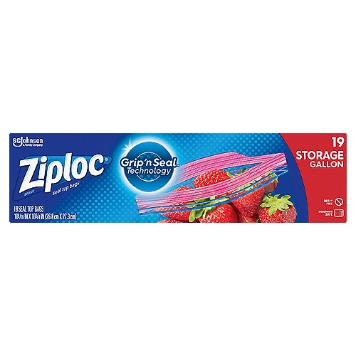 Ziploc® brand Storage Bags provide unbeatable freshness with new Grip ‘n Seal technology. Our triple system seal features an extended tab, new, easy grip texture and a double zipper. The extended tab and new, easy grip seal make it easier to open and close the bag, while the airtight double zipper ensures that each plastic storage bag blocks out air, which means less wasted food and more money saved.

• Get unbeatable freshness with new Grip ‘n Seal technology
• Our triple system seal features an extended tab, new, easy grip texture and a double zipper
• Ziploc® brand Storage Bags are perfect for food storage - including items like meat, fish, and chicken in the refrigerator
• Pack includes 19 Ziploc® brand Storage Bags made of durable and long-lasting BPA-free plastic* *Product not formulated with BPA (Bisphenol A)
• Safe for use in microwaves (use as directed). When defrosting and reheating food, open the storage bag zipper one inch to vent
