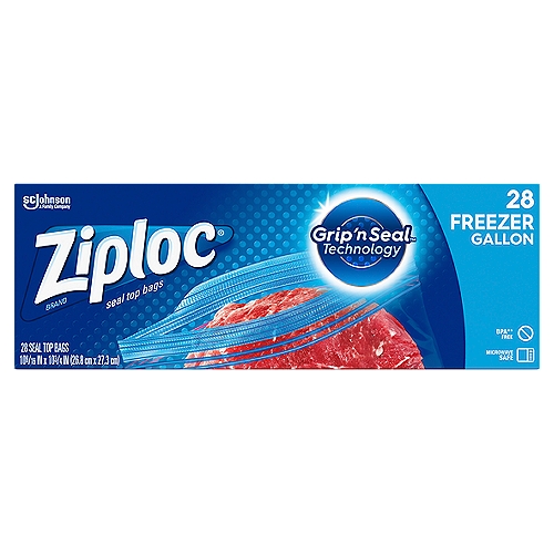 Ziploc® Freezer Bag Gallon 28 CT
Unloc your favorite flavors with a Ziploc® gallon freezer bag. These durable plastic food storage bags seal in the flavor of fresh food and help protect it from freezer burn, so you and your loves ones can enjoy fresh-tasting, flavorsome food whenever you want. 

These Ziploc® storage bags are perfect for storing food ingredients, pre-prepared meals or leftovers in the freezer, and keeping them safe for enjoyment in the future. Grip ‘n Seal technology makes it easy to open, fill and seal these reusable gallon freezer bags, which means less work and less mess. Thanks to durable BPA-free plastic and a convenient double-zipper sealing mechanism, you can count on your food staying full of flavor.

• Grip ‘n Seal technology and triple seal system featuring extended tab, easy-grip texture and double zipper for maximum ease of use
• Perfect for storing fresh food items in the fridge or freezer
• Designed to help protect from freezer burn
• Safe for use in the microwave, freezer and fridge

BPA** Free
**BPA is not used to make polyethylene
