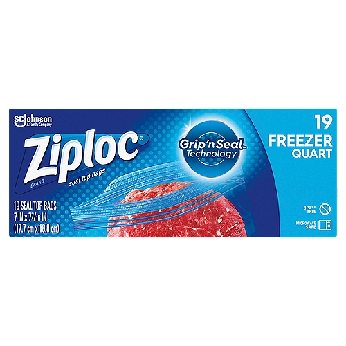 Ziploc Brand Freezer Quart Bags with Grip 'n Seal Technology, 19 Count
Ziploc® brand Freezer Bags helps provide unbeatable freezer protection from freezer burn with new Grip ‘n Seal technology. Our triple system seal features an extended tab, new, easy grip texture and a double zipper. The extended tab and new, easy grip seal make it easier to open and close the bag, while the airtight double zipper ensures that each plastic freezer bag blocks out air, which means less wasted food and more money saved.

• Get unbeatable freezer protection with new Grip ‘n Seal technology
• Our triple system seal features an extended tab, new, easy grip texture and a double zipper
• Grip ‘n Seal technology provides unbeatable freezer protection from freezer burn, which helps reduce food waste
• Pack includes 19 Ziploc brand Freezer Bags made of durable and long-lasting BPA-free plastic* *Product not formulated with BPA (Bisphenol A)
• Smart Zip Plus Seal for air-tight freshness and extended tabs for effortless access

Unbeatable Freezer Protection*
*compared to other freezer seal top bags

BPA** Free
**BPA is not used to make polyethylene