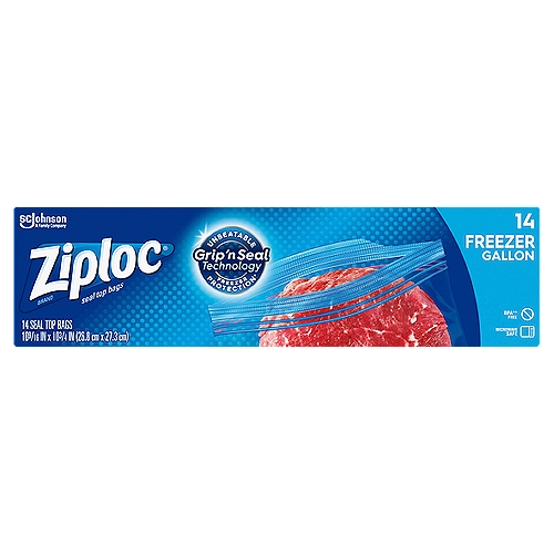 Ziploc Brand Freezer Gallon Bags with Grip 'n Seal Technology, 14 Count
Ziploc® brand Freezer Bags helps provide unbeatable freezer protection from freezer burn with new Grip ‘n Seal technology. Our triple system seal features an extended tab, new, easy grip texture and a double zipper. The extended tab and new, easy grip seal make it easier to open and close the bag, while the airtight double zipper ensures that each plastic plastic freezer bag blocks out air, which means less wasted food and more money saved.

• Get unbeatable freezer protection with new Grip ‘n Seal technology
• Our triple system seal features an extended tab, new, easy grip texture and a double zipper
• Grip ‘n Seal technology provides unbeatable freezer protection from freezer burn, which helps reduce food waste
• Pack includes 14 Ziploc brand Freezer Bags made of durable and long-lasting BPA-free plastic* *Product not formulated with BPA (Bisphenol A)
• Smart Zip Plus Seal for air-tight freshness and extended tabs for effortless access

Freezer Protection*
*Compared to other freezer seal top bags

BPA** Free
**BPA is not used to make polyethylene
