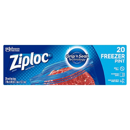 Ziploc® Freezer Bag Pint 20 CT
These Ziploc® storage bags are perfect for storing food ingredients, pre-prepared meals or leftovers in the freezer, and keeping them safe for enjoyment in the future. Grip ‘n Seal technology makes it easy to open, fill and seal these reusable pint freezer bags, which means less work and less mess. Thanks to durable BPA-free plastic and a convenient double-zipper sealing mechanism, you can count on your food staying full of flavor and safe from freezer burn while stored. These pint freezer bags are great for storing ingredients bought in bulk or for keeping batches of your homemade favorites on hand, ready for enjoyment whenever you get the urge. 

• Grip ‘n Seal technology and triple seal system featuring extended tab, easy-grip texture and double zipper for maximum ease of use
• Perfect for storing fresh food items (e.g. meat or fish) in the fridge or freezer
• Designed to help protect from freezer burn
• Safe for use in the microwave (when used as directed), freezer and fridge

Grip ‘n seal technology - Unbeatable Freezer Protection*
*Compared to other freezer seal top bags

BPA** Free
**BPA is not used to make polyethylene
