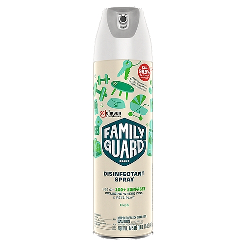Family Guard Brand Disinfectant Spray disinfects the hard, non-porous surfaces your family touches the most. This dual-purpose spray: deodorizes and disinfects with a fresh scent. Family Guard Disinfectant Spray kills 99.9% of germs and viruses on hard non-porous surfaces and is gentle enough to use for daily disinfection. Use this disinfectant spray on 100+ surfaces including where kids & pets play. A spray you can see for coverage you can trust. 

• Kills 99.9% of germs and viruses on hard non-porous surfaces
• Use on 100+ surfaces including where kids & pets play
• Dual purpose spray deodorizes and disinfects
• Gentle enough on non-porous surfaces for daily disinfection
• Safe for use on hard and soft surfaces