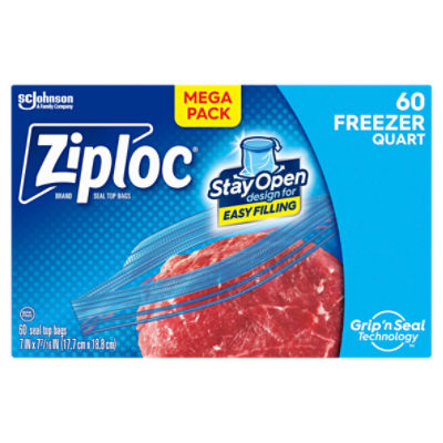 Ziploc® Brand Freezer Bags with Stay Open Design, Quart, 60 Bag Mega Pack, Microwave Safe, BPA Free