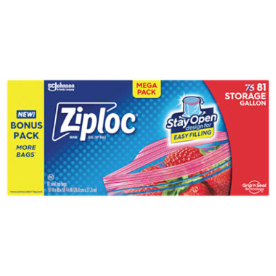 Ziploc® Brand Storage Bags with Stay Open Design, Gallon, 81 Bags, Microwave Safe, BPA Free