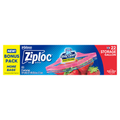 Ziploc® Brand Storage Bags with Stay Open Design, Gallon, 22 Bags, Microwave Safe, BPA Free