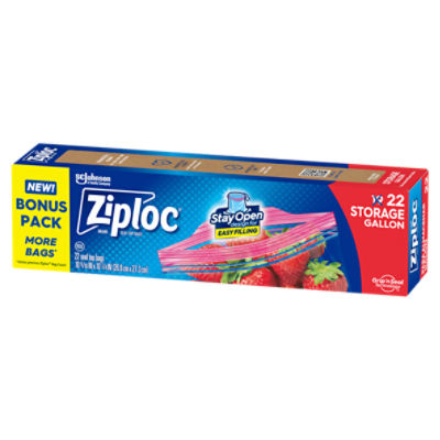 Ziploc® Brand Storage Bags with Stay Open Design, Gallon, 22 Bags, Microwave Safe, BPA Free