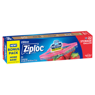 Ziploc® Brand Storage Bags with Stay Open Design, Gallon, 22 Bags, Microwave Safe, BPA Free