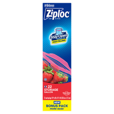 Ziploc® Brand Storage Bags with Stay Open Design, Gallon, 22 Bags, Microwave Safe, BPA Free