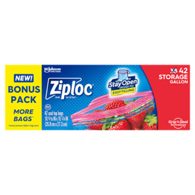 Ziploc® Brand Storage Bags with Stay Open Design, Gallon, 42 Bags, Microwave Safe, BPA Free