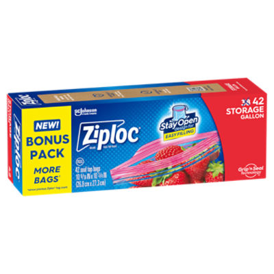 Ziploc® Brand Storage Bags with Stay Open Design, Gallon, 42 Bags, Microwave Safe, BPA Free