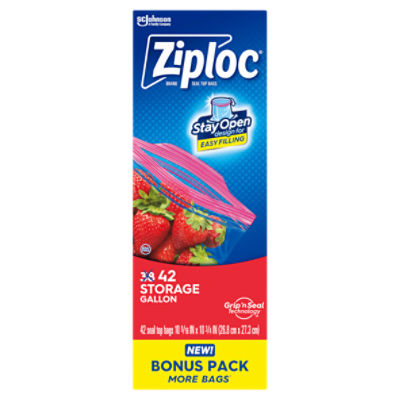 Ziploc® Brand Storage Bags with Stay Open Design, Gallon, 42 Bags, Microwave Safe, BPA Free